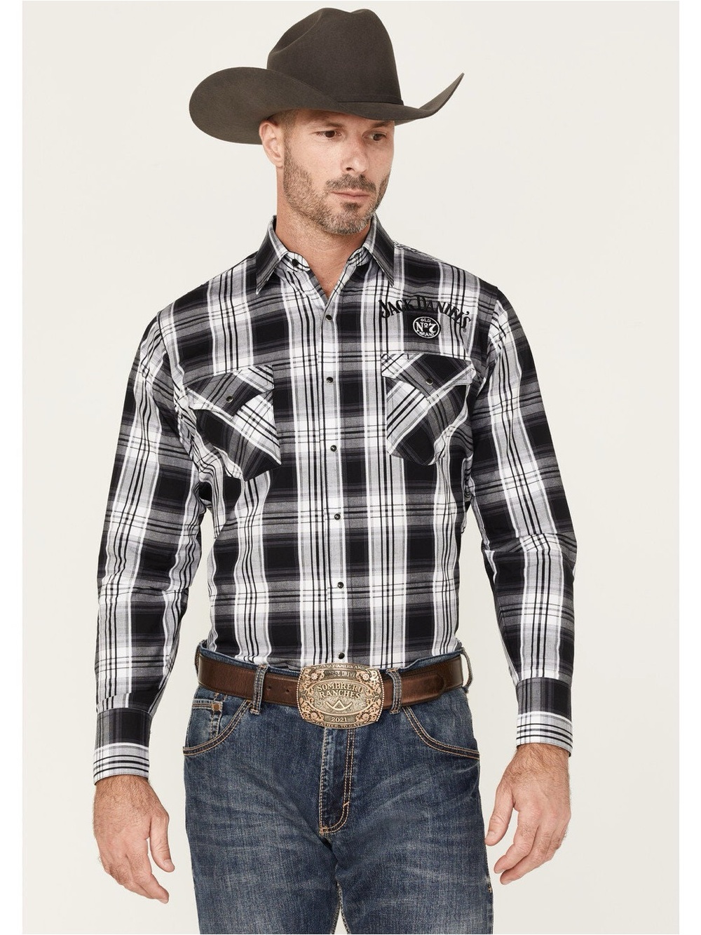 BOOT BARN BARELY WALKER JACK DANIEL'S PLAID PRINT LONG SLEEVE SNAP WESTERN SHIRT
